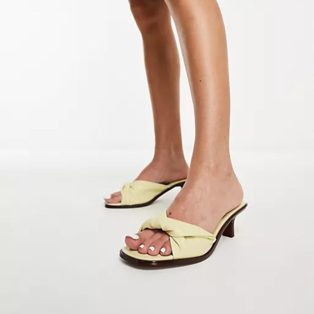 ASOS DESIGN Hither twist detail mid heeled mules in lemon / Size 9